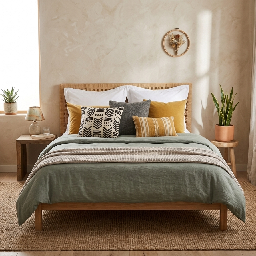 Square cream-colored throw pillow cover featuring raised black geometric embroidery in a tribal mudcloth pattern with chevrons, stripes, and dots.