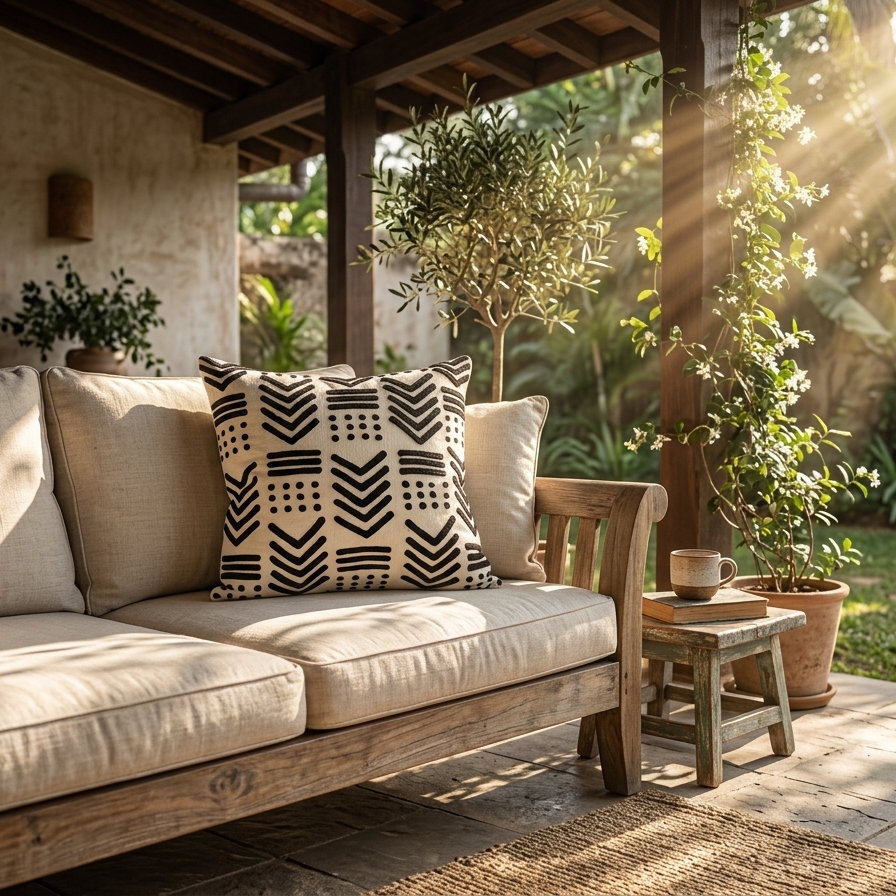 Square cream-colored throw pillow cover featuring raised black geometric embroidery in a tribal mudcloth pattern with chevrons, stripes, and dots.