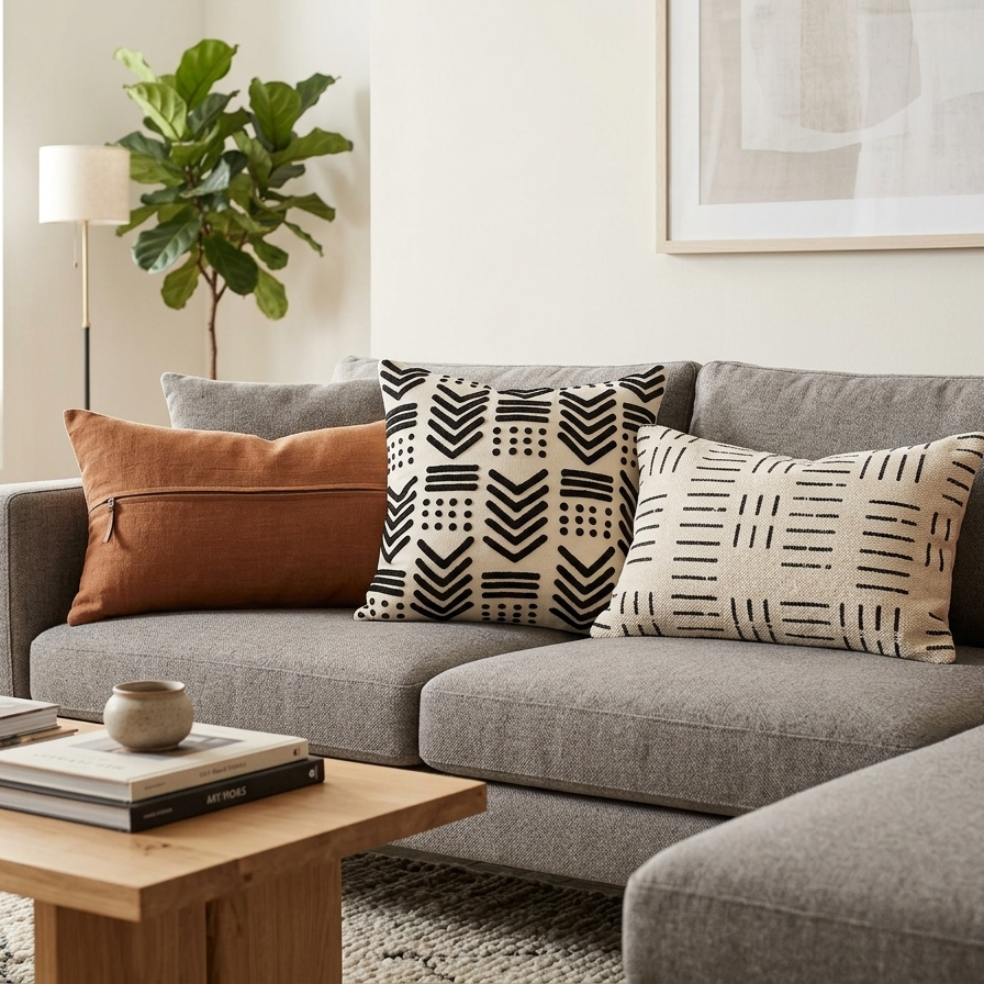Square cream-colored throw pillow cover featuring raised black geometric embroidery in a tribal mudcloth pattern with chevrons, stripes, and dots.