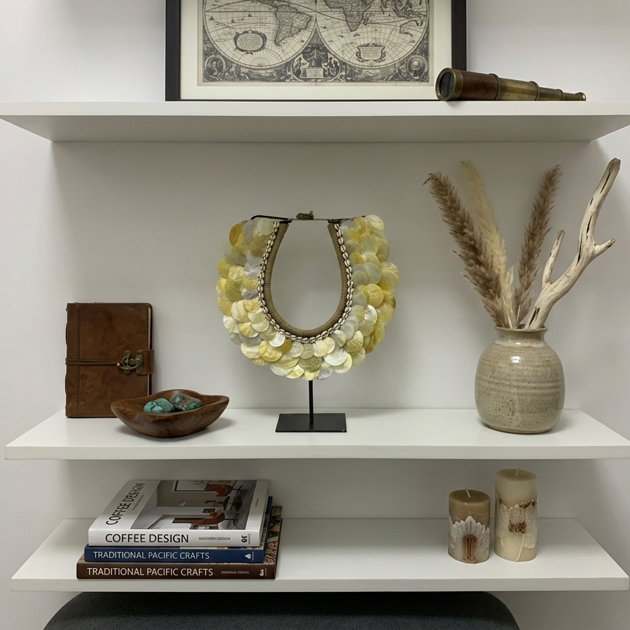 Indonesian tribal shell decor on stand, coastal luxe home accessory, wabi-sabi style mother of pearl shell sculpture for shelf styling and organic interior design.