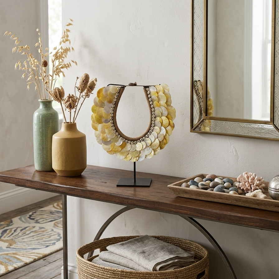 Indonesian tribal shell decor on stand, coastal luxe home accessory, wabi-sabi style mother of pearl shell sculpture for shelf styling and organic interior design.