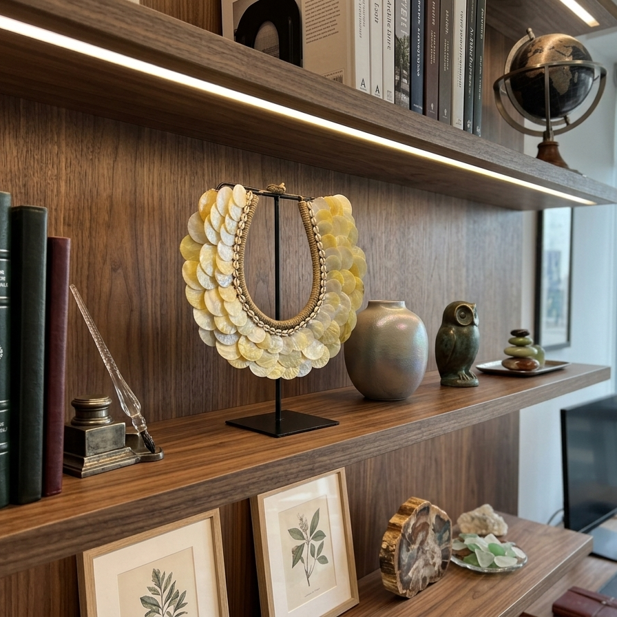 Indonesian tribal shell decor on stand, coastal luxe home accessory, wabi-sabi style mother of pearl shell sculpture for shelf styling and organic interior design.