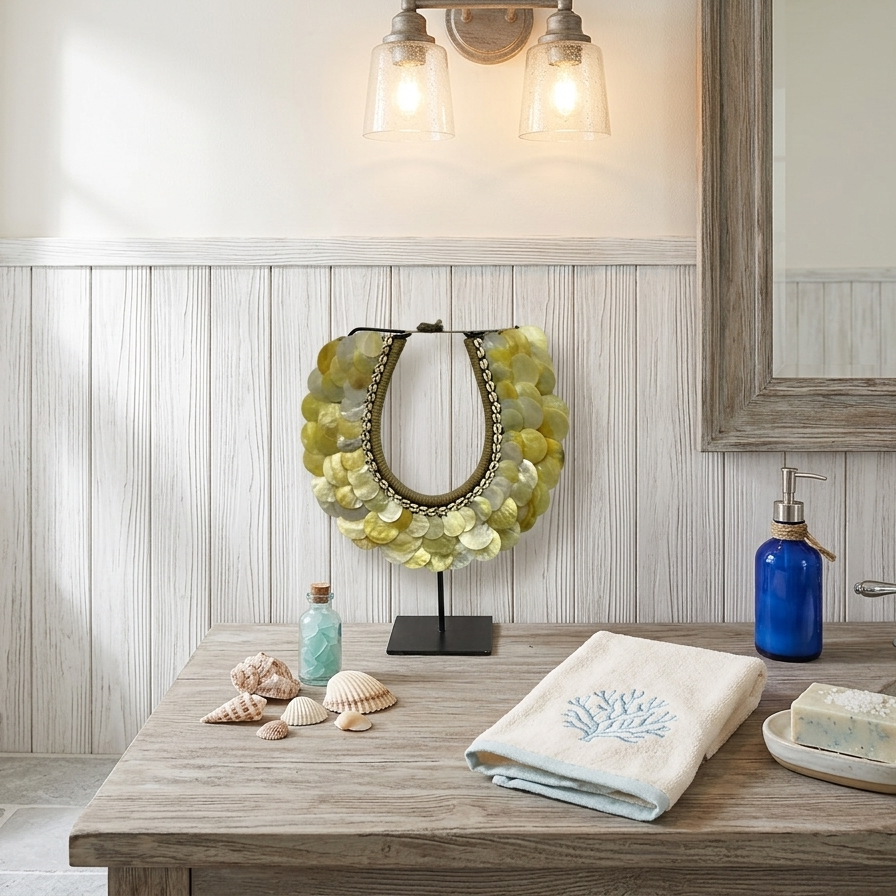 Indonesian tribal shell decor on stand, coastal luxe home accessory, wabi-sabi style mother of pearl shell sculpture for shelf styling and organic interior design.