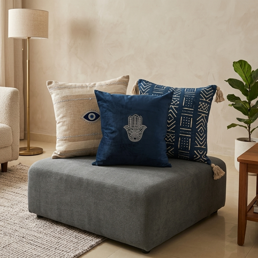 Navy blue velvet decorative pillow cover embellished with a shimmering silver studded Hamsa Hand design in a minimalist, elegant style.