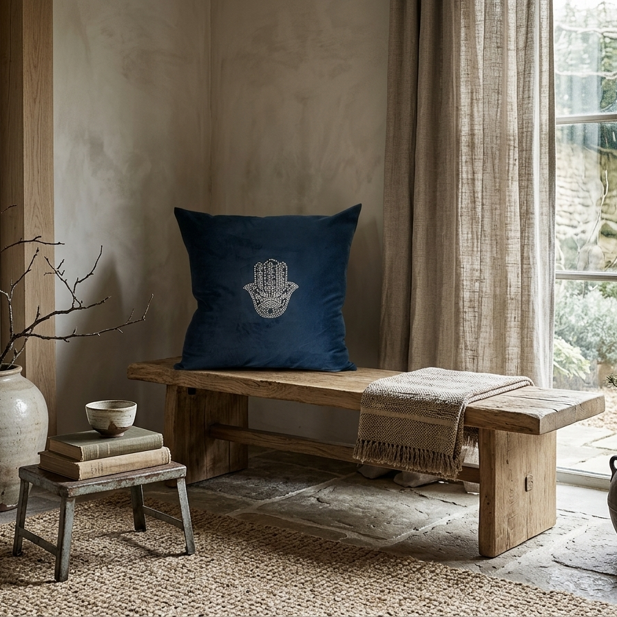 Navy blue velvet decorative pillow cover embellished with a shimmering silver studded Hamsa Hand design in a minimalist, elegant style.