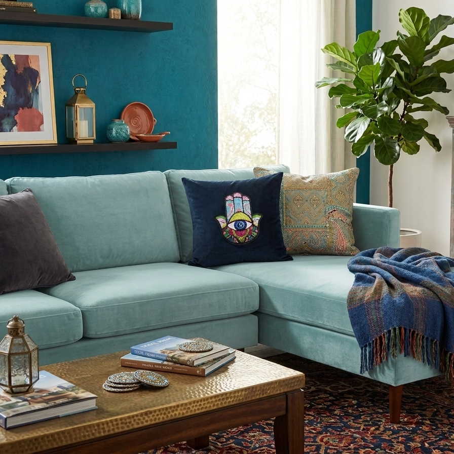 Midnight blue velvet cushion cover featuring a vibrant multi-colored sequin Hamsa Hand with an evil eye symbol in the center.
