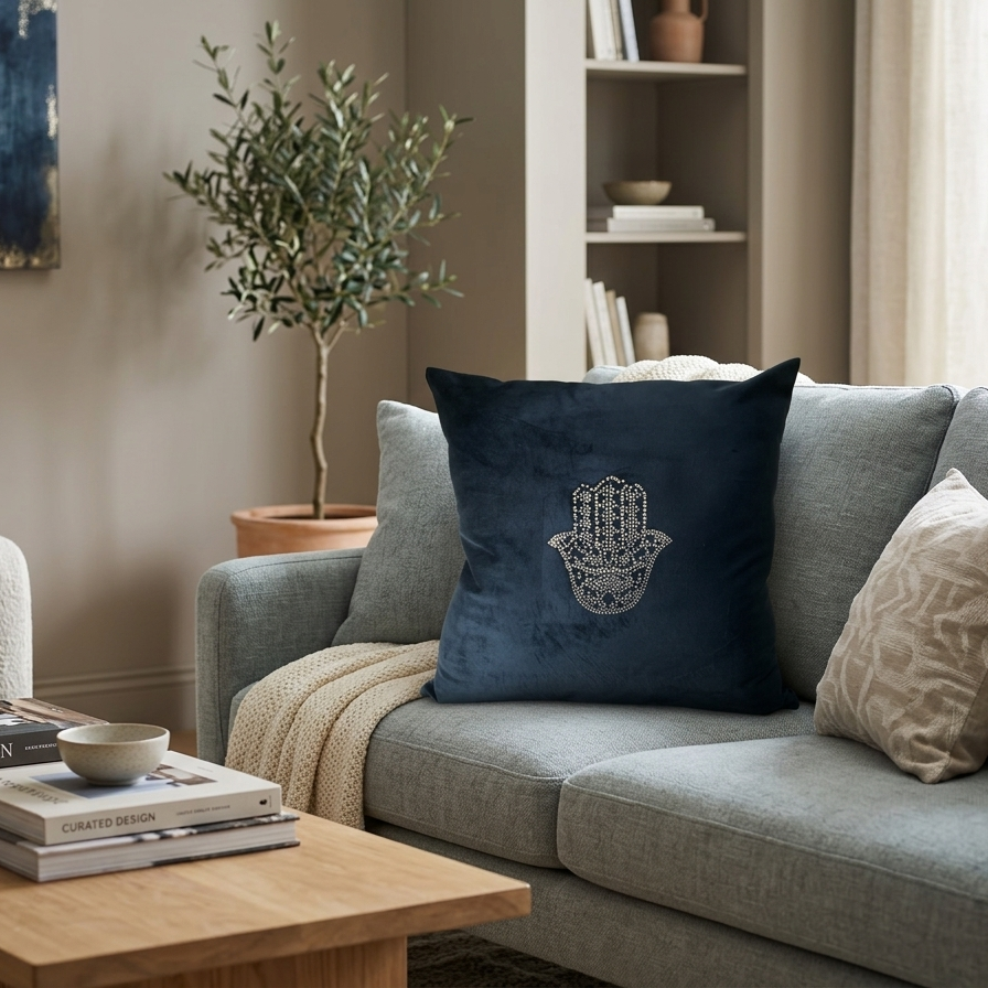 Navy blue velvet decorative pillow cover embellished with a shimmering silver studded Hamsa Hand design in a minimalist, elegant style.