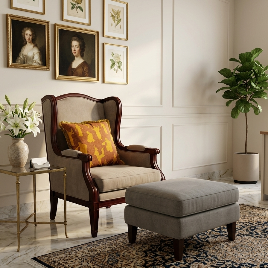 Decorative square pillow cover featuring a traditional Thai celestial dancer pattern in saffron gold on a burnt orange background, finished with a thick golden bullion fringe.