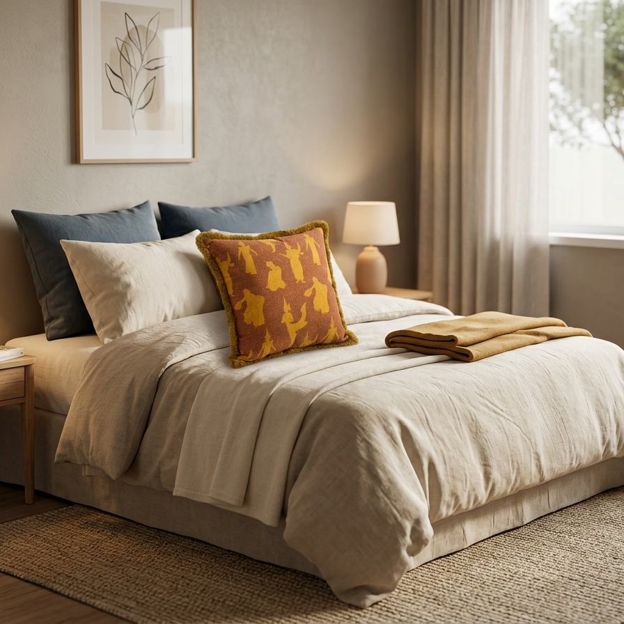 Decorative square pillow cover featuring a traditional Thai celestial dancer pattern in saffron gold on a burnt orange background, finished with a thick golden bullion fringe.