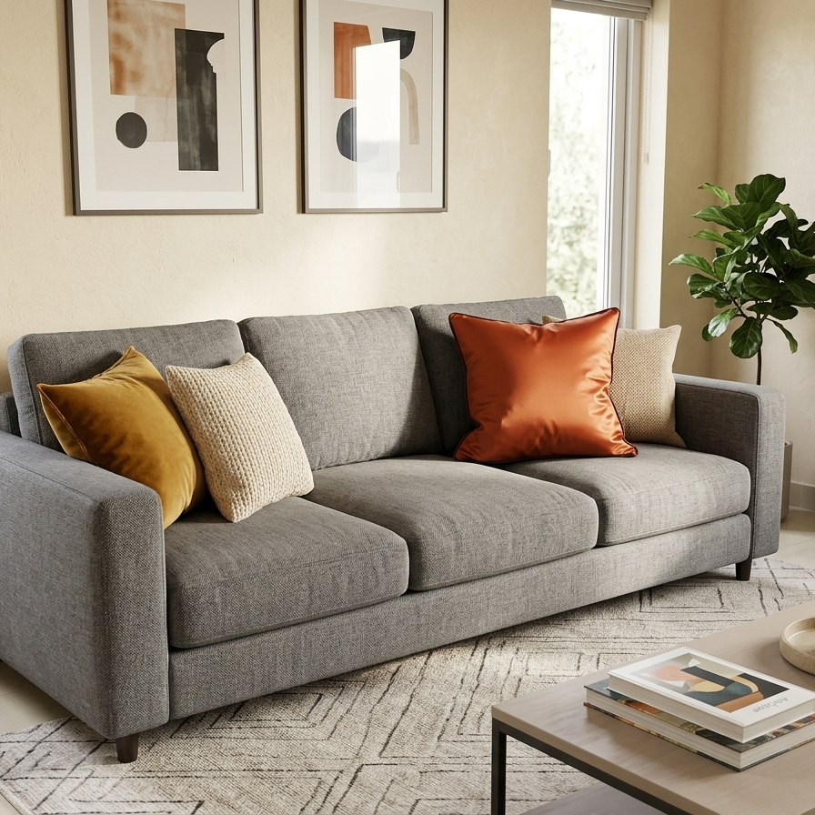 A square burnt orange satin pillow cover with chocolate piping, acting as a bold accent on a gray three-seater sofa. The setting includes warm yellow and beige textured cushions and abstract wall art in matching terracotta tones.