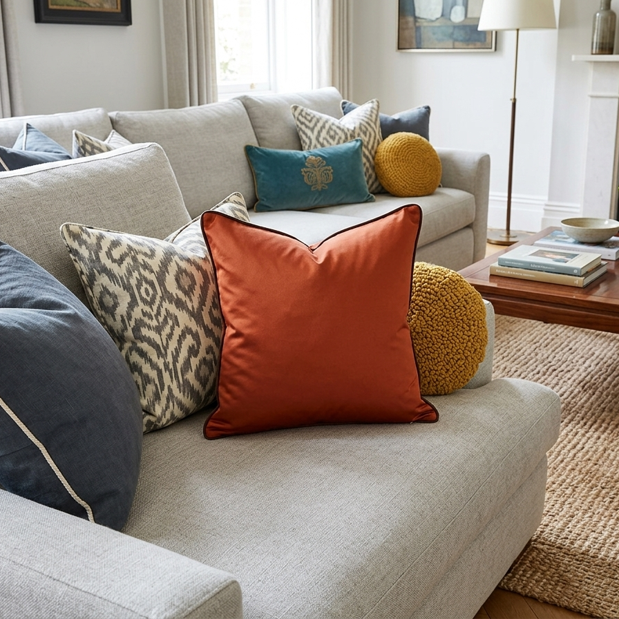 A square burnt orange pillow cover with dark contrast piping, prominently featured on a light gray sectional sofa. It is styled alongside patterned blue and cream cushions to create a sophisticated, layered look in a bright living room.