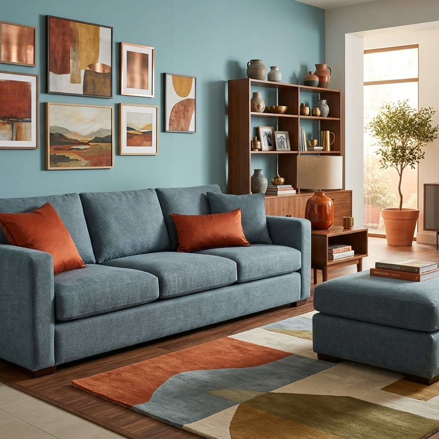 A square burnt orange pillow case and a rectangular lumbar orange pillow case, both featuring chocolate brown piped edges, arranged on a teal blue sectional sofa in a vibrant contemporary room.