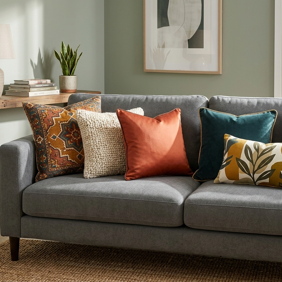 A square burnt orange pillow cover with dark piping, nestled between a white bobble-textured cushion and a teal velvet pillow. The product is shown as part of a rich, multi-textured cushion arrangement on a charcoal gray sofa.