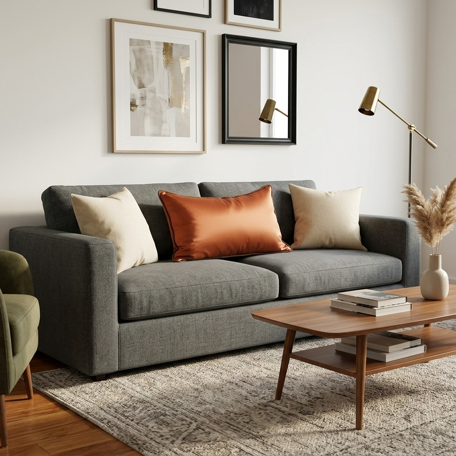 A rectangular lumbar burnt orange pillow cover with a satin finish and chocolate brown piping, styled as a centerpiece on a gray modern sofa between two square cream pillows.