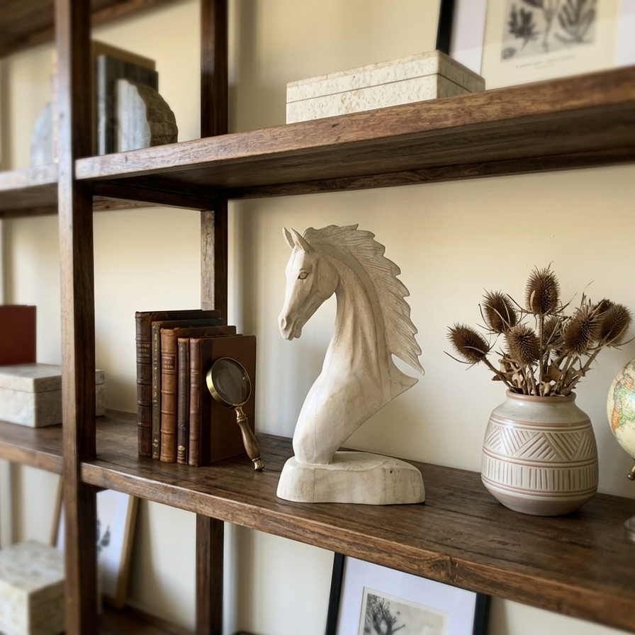Minimalist artisan horse sculpture positioned on a natural wood bookshelf alongside antique books, a globe, and dried botanicals.