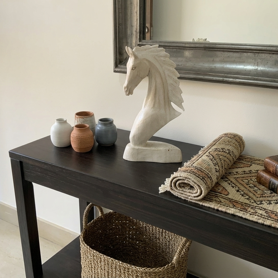 A whitewashed wooden horse head statue styled on a dark mahogany console table next to small ceramic vases and a vintage magnifying glass.