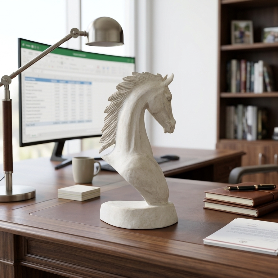 Elegant equine wood carving used as a desk accessory in a modern professional office, placed next to leather journals and a silver desk lamp.