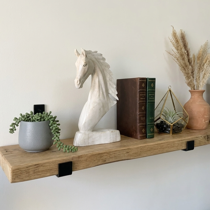 Distressed white horse bust on a reclaimed wood floating shelf, styled with a succulent, terracotta vase, and pampas grass for a wabi-sabi aesthetic.