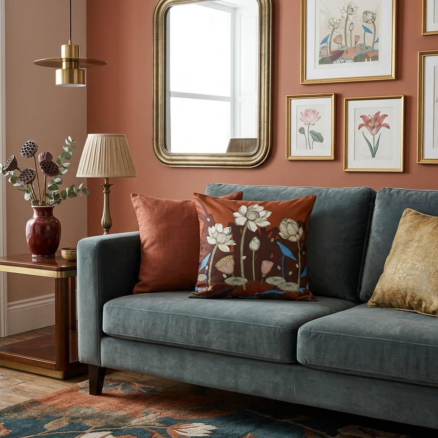 [Terracotta lotus pillow cover] styled on a teal velvet sofa against a clay-colored wall with botanical gallery art.