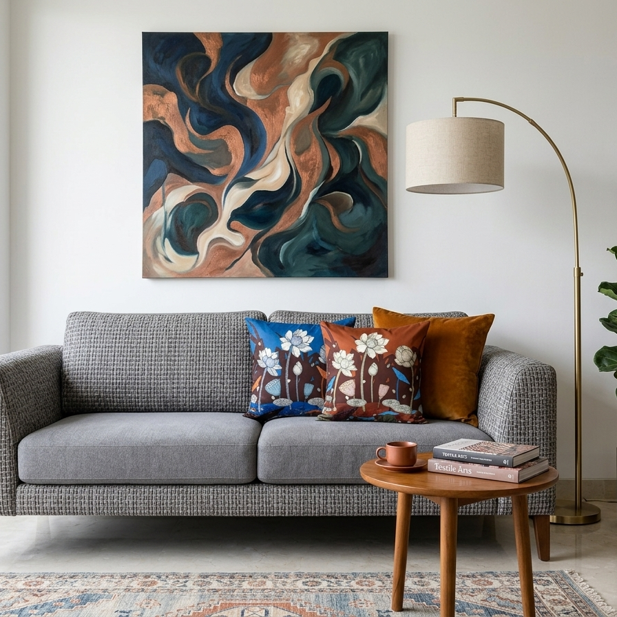 [Blue and terracotta lotus throw pillows] paired on a modern grey sofa beneath a large abstract teal and copper painting.