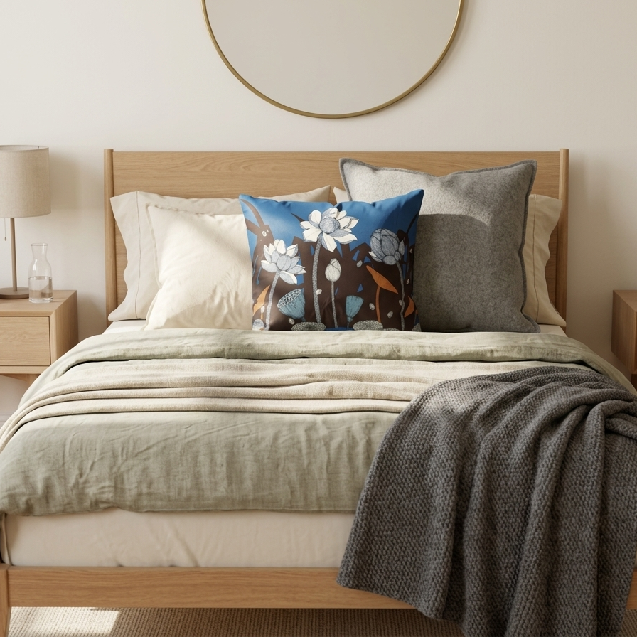 Blue lotus pond pillow cover styled on a natural oak bed with sage green and cream bedding for a serene look.