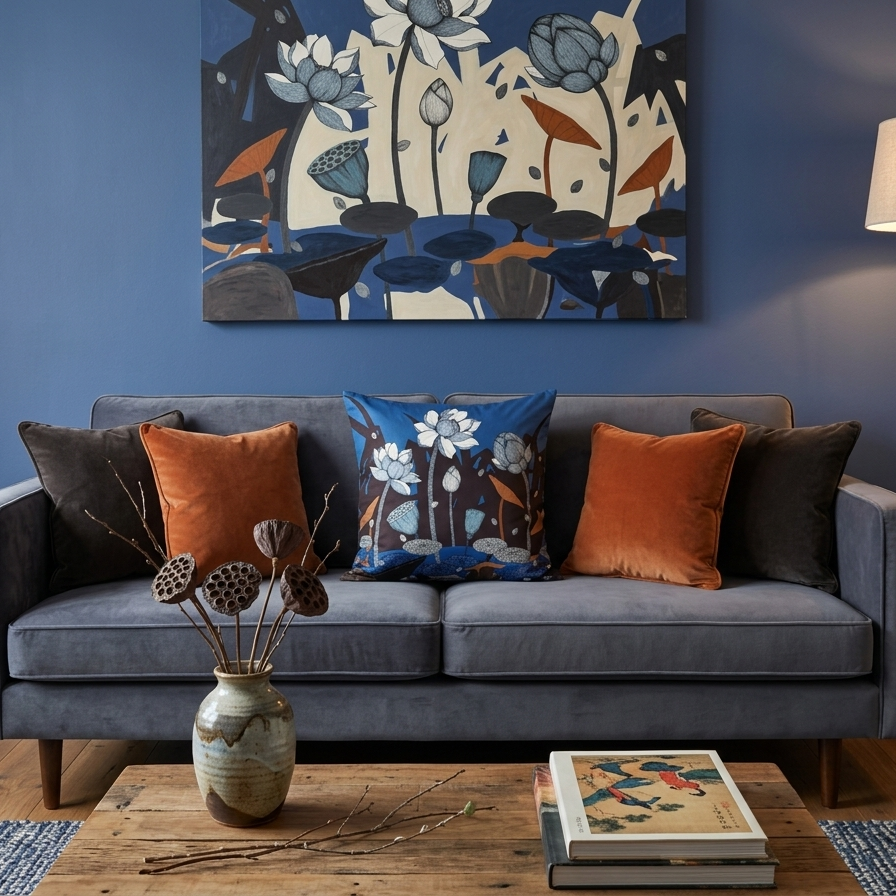 Lotus pond pillow in blue centered on a grey sofa, coordinated with burnt orange cushions and matching wall art.