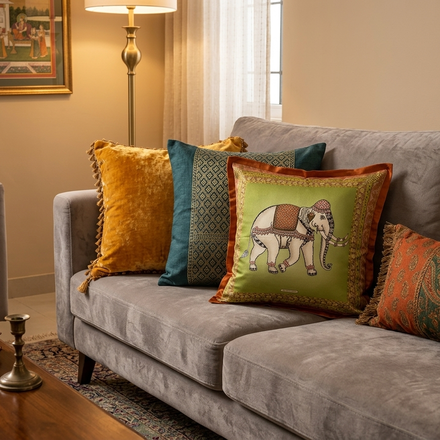 Jim Thompson luxury Thai silk decorative pillow featuring a white ceremonial elephant motif on a moss green background with a terracotta orange border.