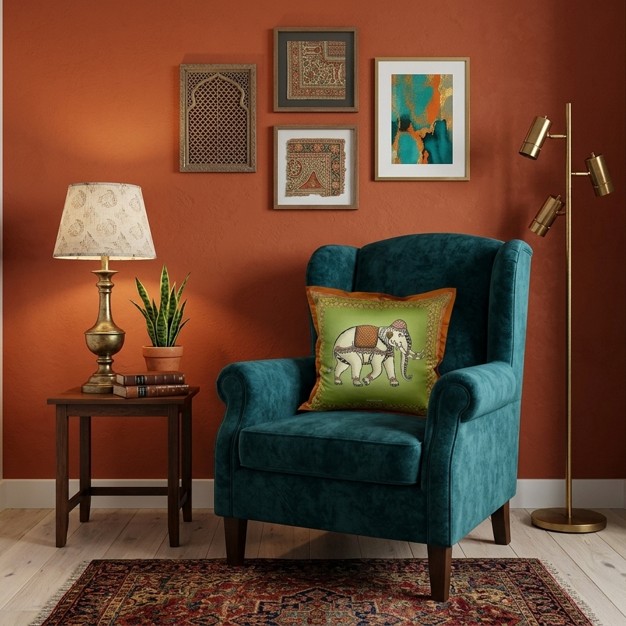 Jim Thompson luxury Thai silk decorative pillow featuring a white ceremonial elephant motif on a moss green background with a terracotta orange border.