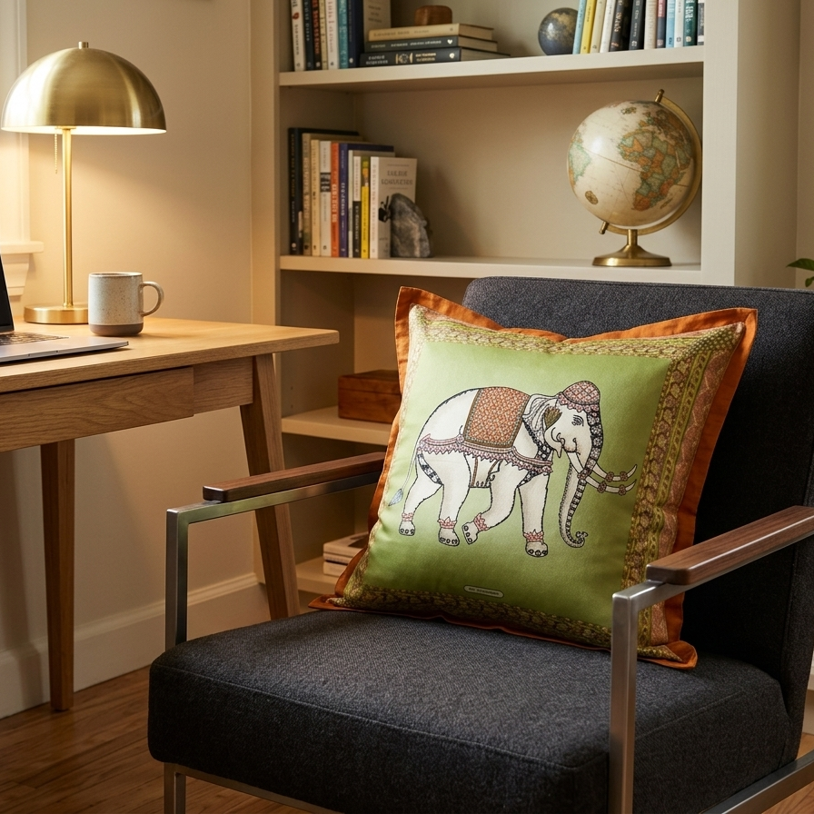 Jim Thompson luxury Thai silk decorative pillow featuring a white ceremonial elephant motif on a moss green background with a terracotta orange border.