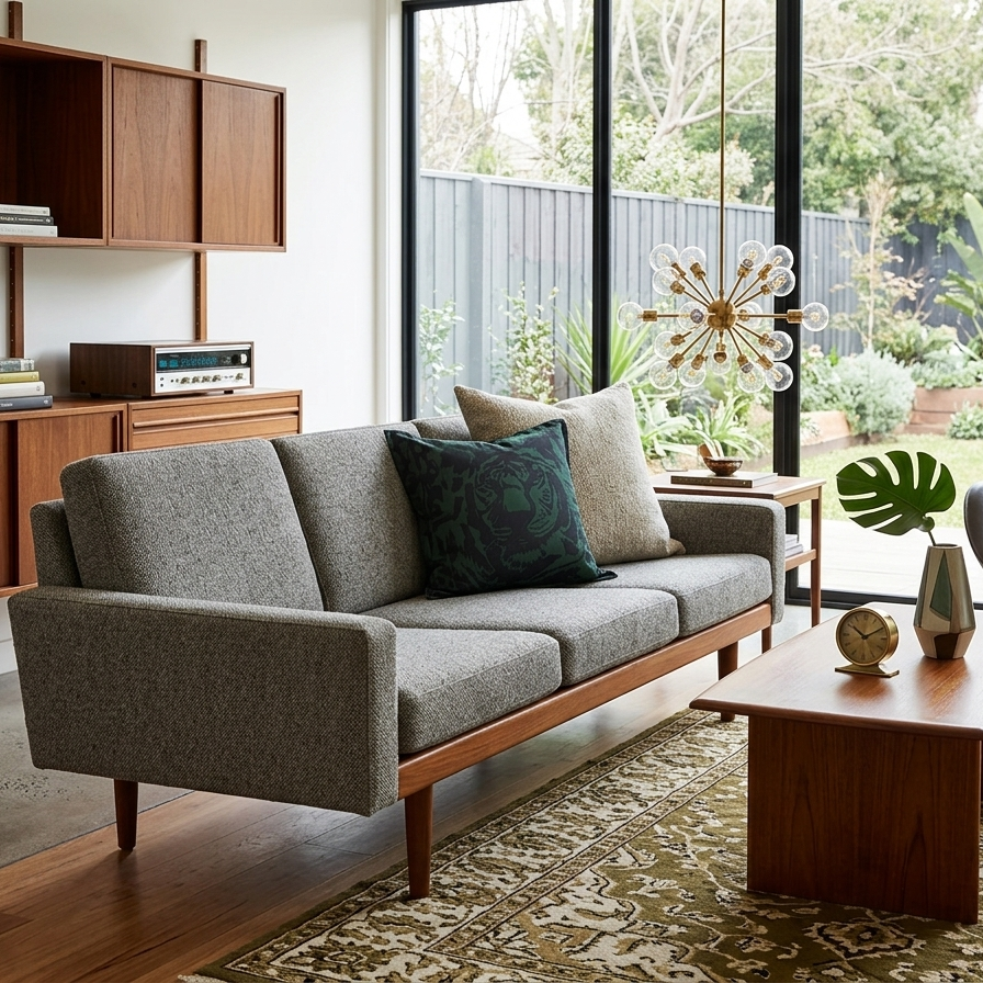 Authentic Jim Thompson Tigre silk cushion in forest green styled on a grey sofa in a mid-century modern interior.