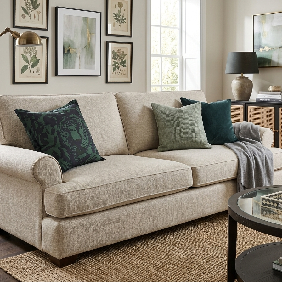 Jim Thompson Tigre forest green silk pillow on a cream fabric sofa with neutral decorative cushions.