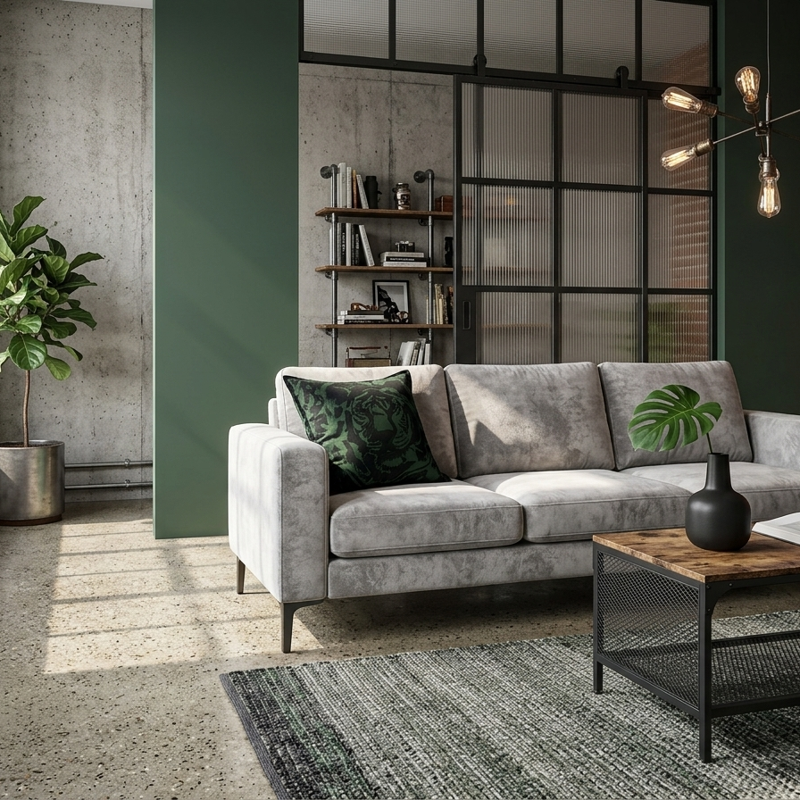 Large green tiger print designer cushion by Jim Thompson styled on a light grey sofa in an industrial loft.