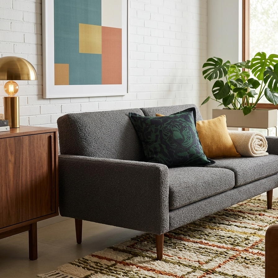 Forest green Jim Thompson Tigre silk cushion paired with a yellow accent pillow on a grey bouclé sofa.
