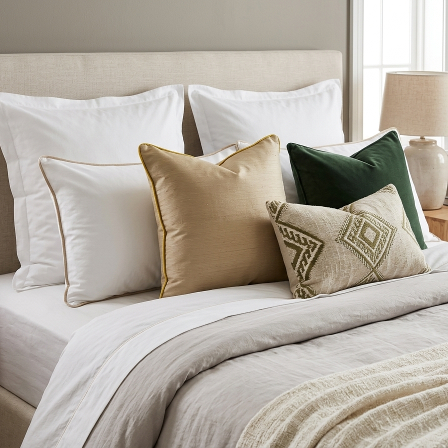 Square sand-colored textured fabric throw pillow cover with vibrant yellow-green piping.