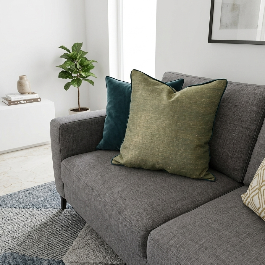 Square sage green cushion cover with a heavy slub texture and dark teal piped edges, organic woven fabric for minimalist home decor.