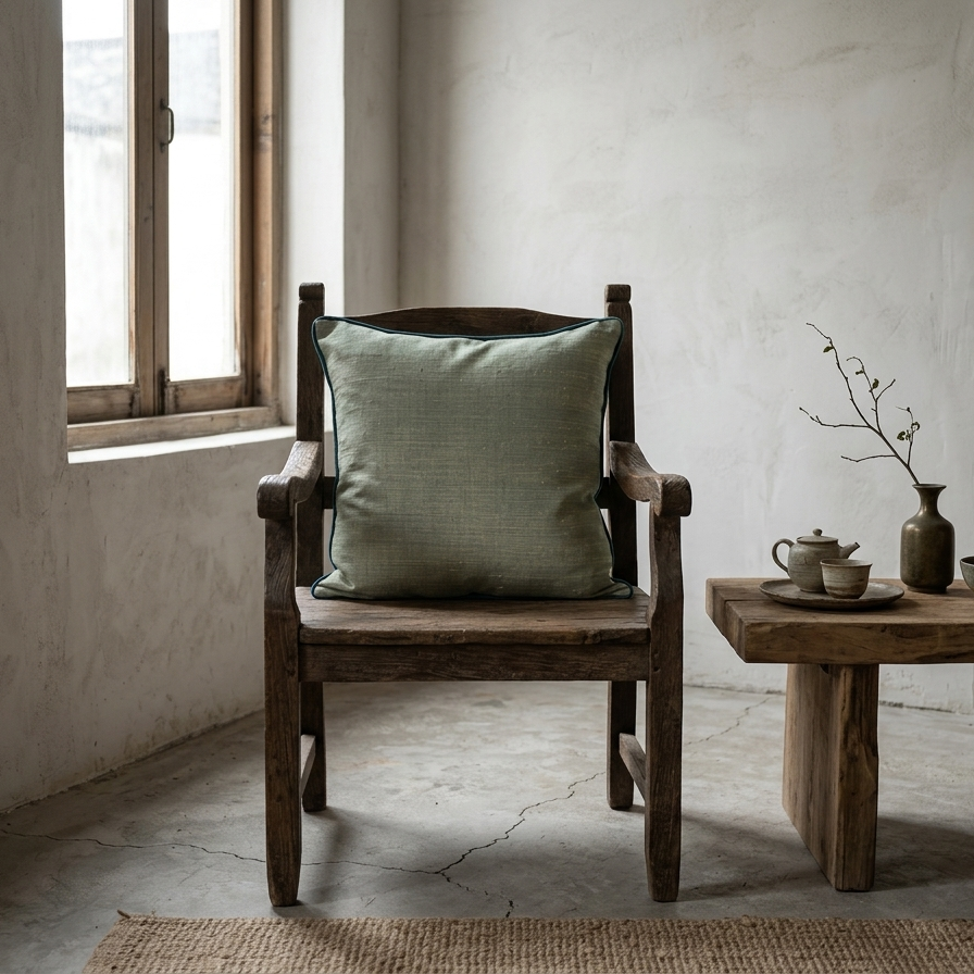 Square sage green cushion cover with a heavy slub texture and dark teal piped edges, organic woven fabric for minimalist home decor.