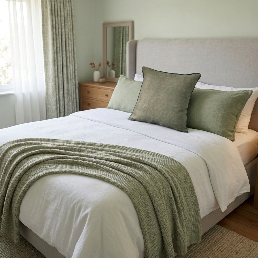 Square sage green cushion cover with a heavy slub texture and dark teal piped edges, organic woven fabric for minimalist home decor.