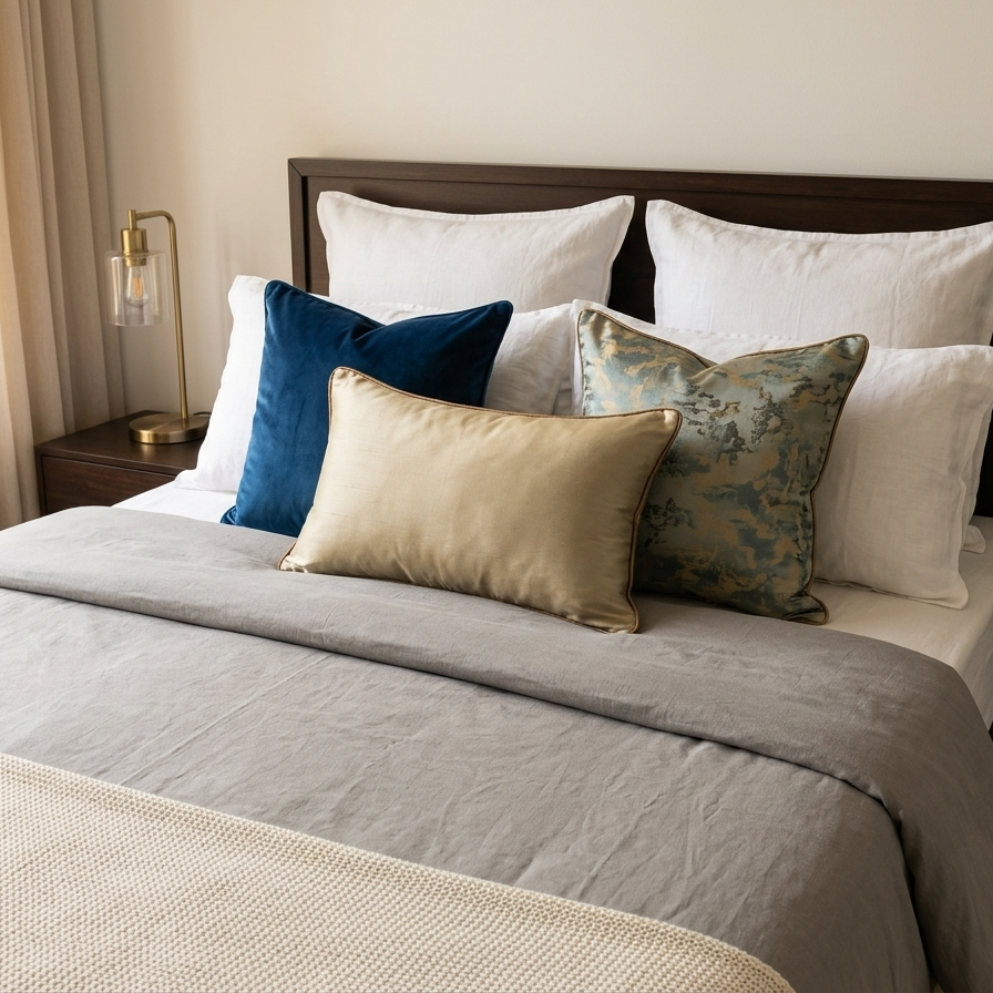 rectangular champagne gold silk-textured lumbar pillow  featuring dark bronze contrast piping,