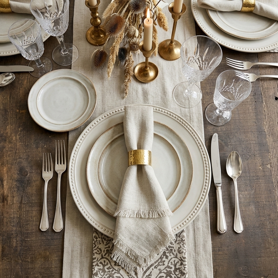 Oatmeal linen napkin featuring a hand-frayed fringe, elegantly displayed on a cream-beaded ceramic plate set.