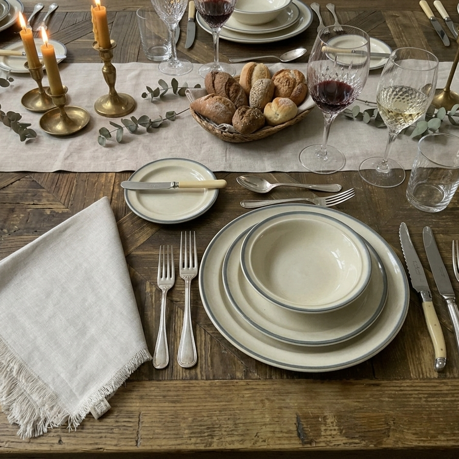 Natural oatmeal linen napkin with frayed fringe edges, displayed as part of a rustic dinner place setting on a wooden table.