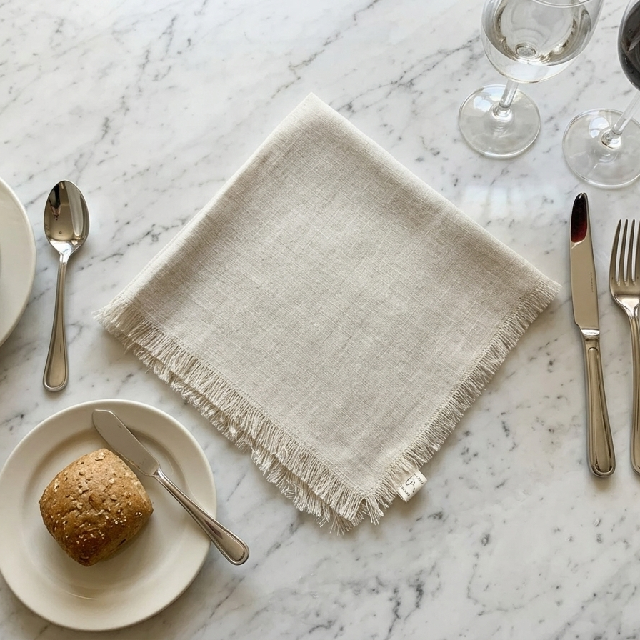 A square linen table napkin in natural flax featuring hand-frayed fringe, shown in a flat lay position on a marble surface.
