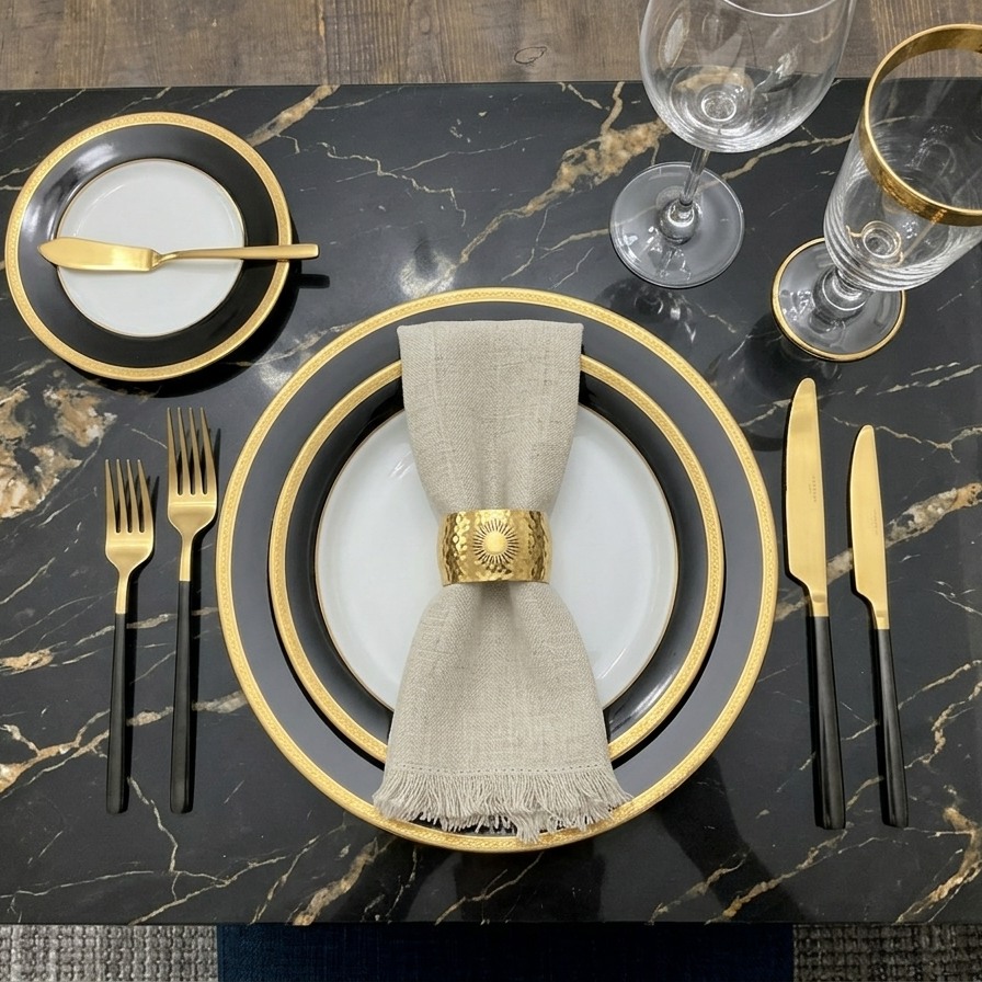 Natural linen fringe napkin in a neutral sand color, styled with a gold sunburst ring on a black and gold luxury place setting.