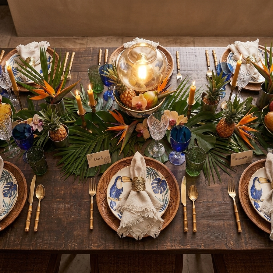 Natural oatmeal linen napkin with frayed fringe edges, styled in a gold napkin ring on a tropical-themed dinner plate.