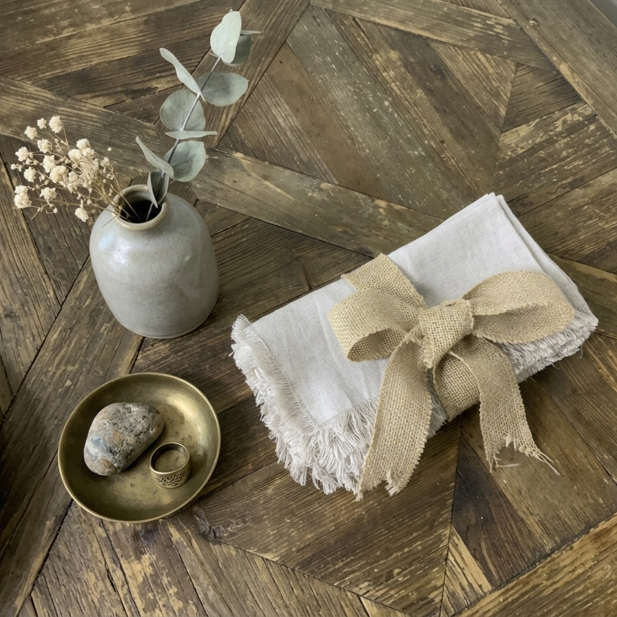 Set of 6 natural linen napkins with fringe, tied with a decorative jute ribbon on a geometric wooden surface.