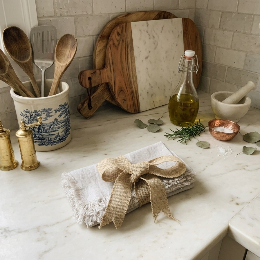 Set of 6 oatmeal-colored fringed linen napkins, tied in a jute bow and displayed on a white marble kitchen countertop.