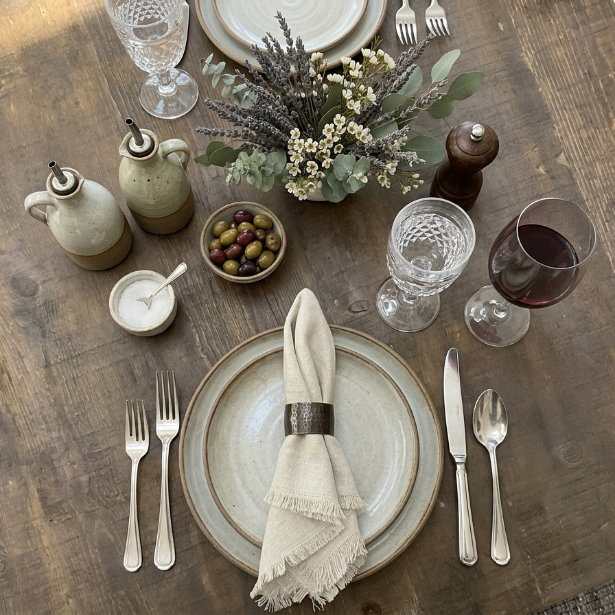 Fringed linen table napkin in a natural flax tone, shown folded in a hammered metal ring on a rustic wooden table.
