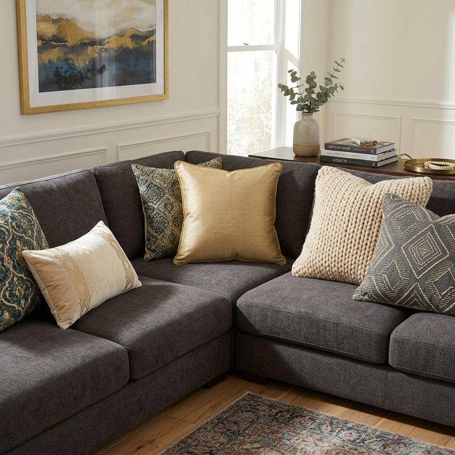 Square sand-colored textured fabric throw pillow cover with vibrant yellow-green piping.