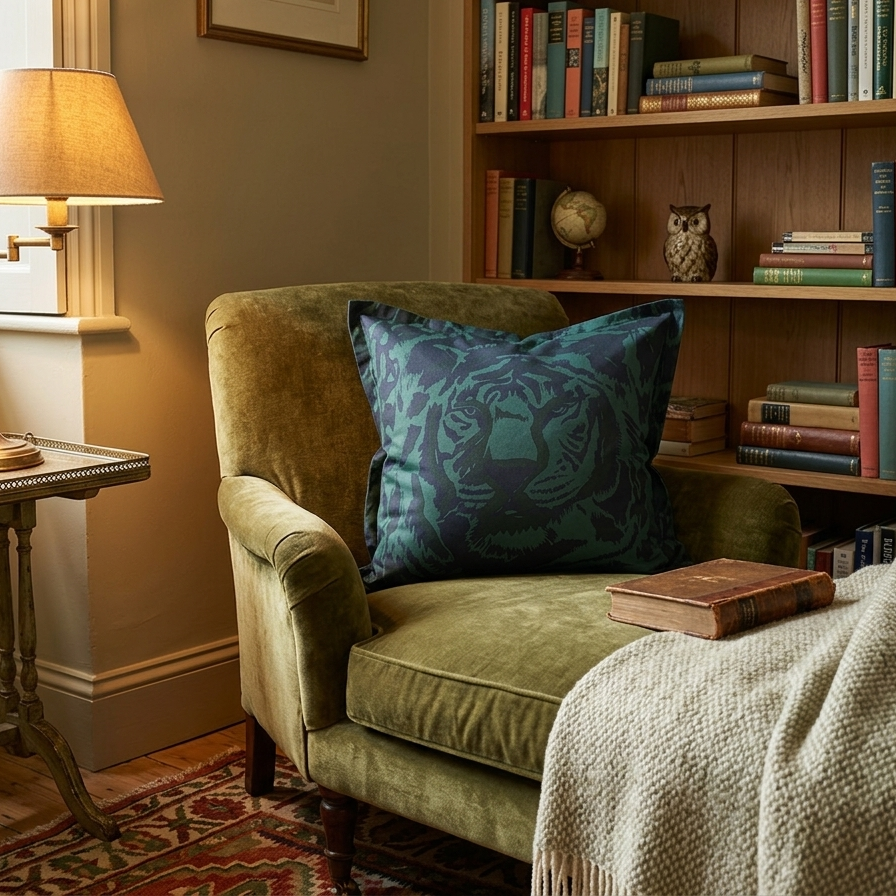 Jim Thompson Tigre silk cushion cover in forest green styled on a vintage olive green velvet armchair.