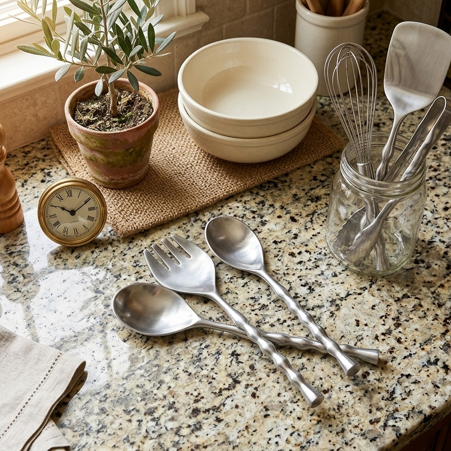 sculptural silver serving set, including a salad fork and spoons, laid out on a granite kitchen countertop near a potted olive tree and rustic cream bowls.