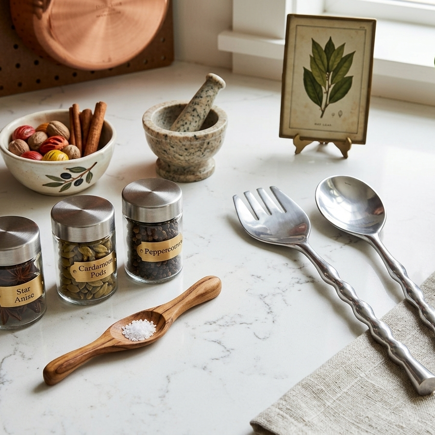 Modern organic silver serving spoon and fork displayed on a white marble countertop next to glass spice jars, a stone mortar and pestle, and a linen napkin.